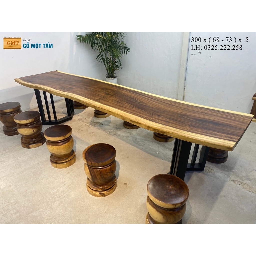 Bàn Ăn Gỗ Me Tây, Bàn Làm Việc Gô Me Tây, Bàn Cafe Gỗ Me Tây, Bàn Trà Gỗ Me Tây Dài 3m Rộng 73cm Dày 5cm