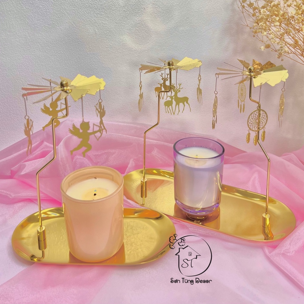 Set khay đựng nến thơm gắn charm chong chóng xoay màu vàng kim sang trọng - ST001