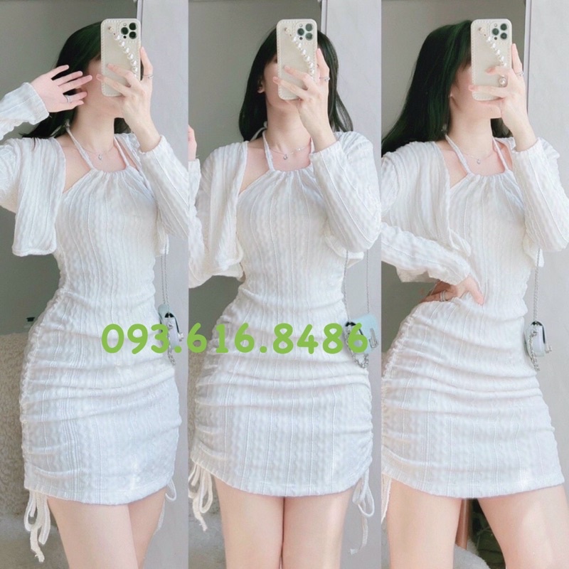 Đầm Body Cổ Yếm Rút Dây Bo Eo Kèm Áo Khoác Croptop, Dành Cho Đi Chơi, Dự Tiệc, Vải Len Cao Cấp S2291