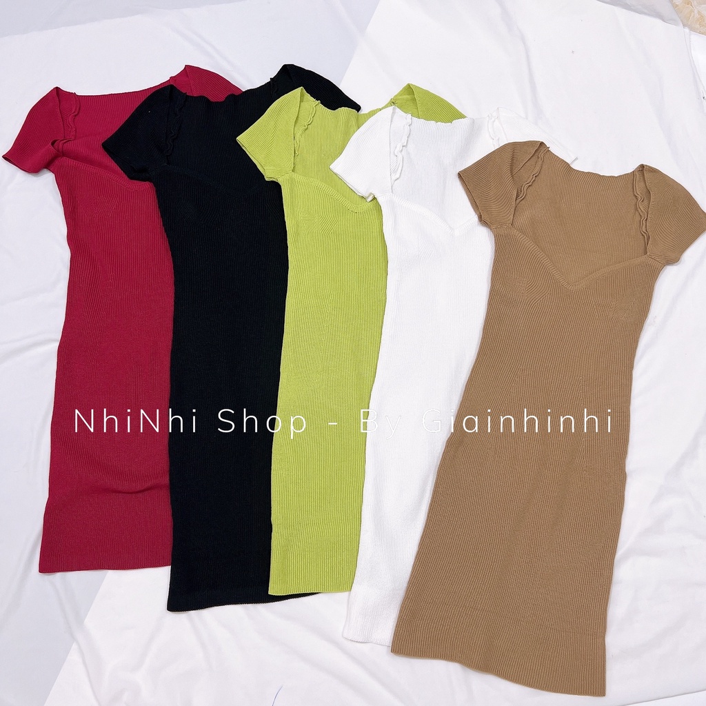 Váy len tăm cổ vuông tôn vòng 1 ngắn tay, Đầm len sexxy co giãn VL9010 - NhiNhi Shop