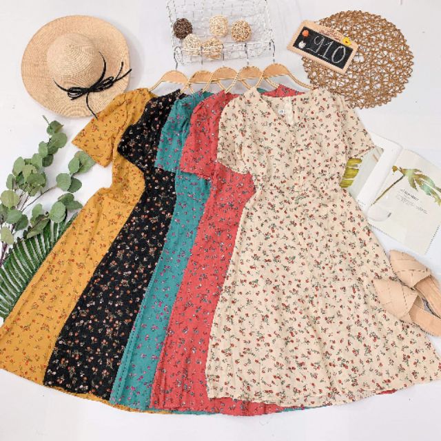 Đầm hoa nhí nút bọc QC ( Hình thật)