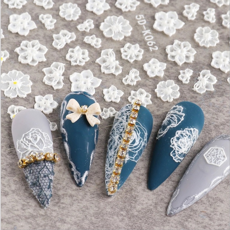 [Hàng mới về] Miếng dán móng 5D in hình hoa phối ren trang trí nghệ thuật