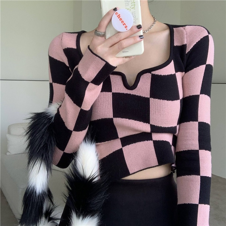 Áo sweater tay dài cổ vuông dáng ôm phong cách thời trang hàn quốc