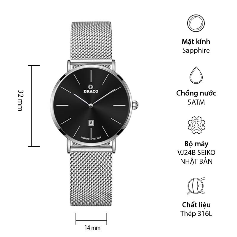 Đồng hồ nữ Draco D22-STN02 &quot;Classic Girl&quot; đen kết hợp chất liệu dây lưới màu phụ kiện thời trang nữ nhẹ nhàng tinh tế