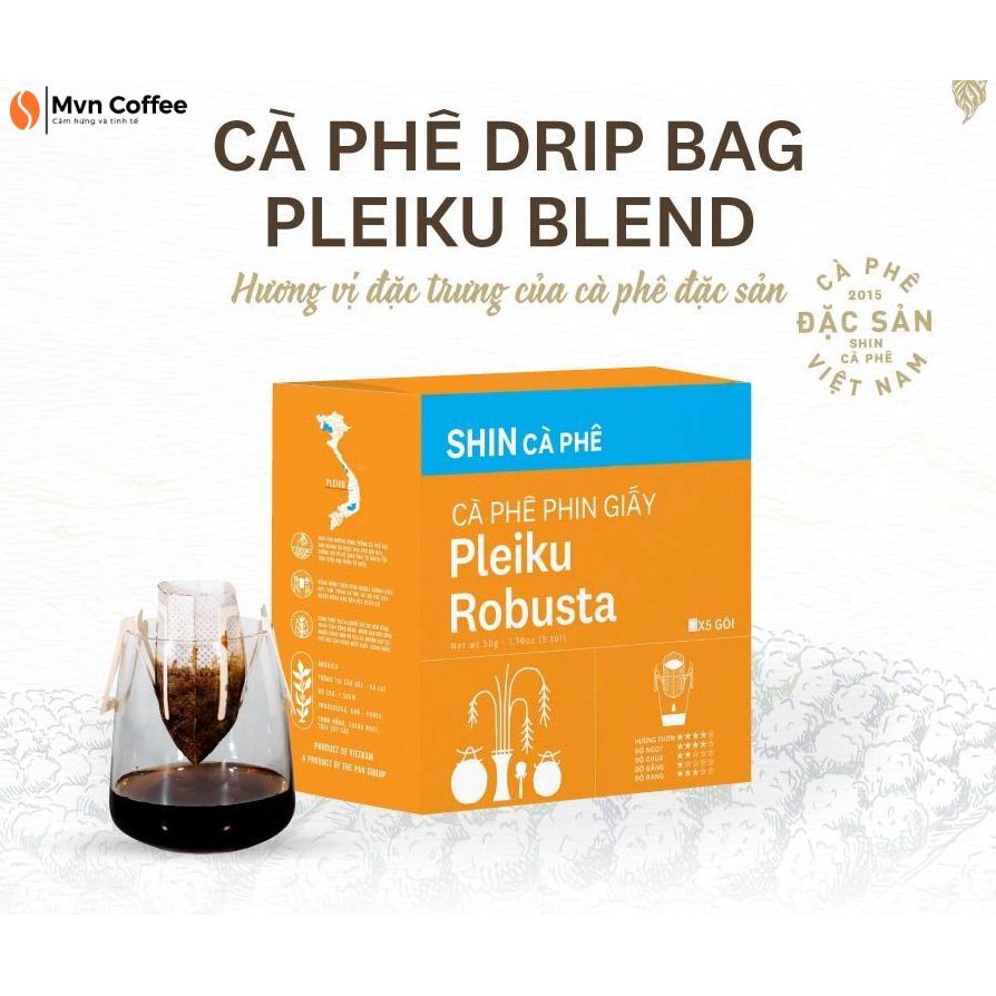 Cafe Đặc Sản Phin Giấy tiện lợi Shin Cà Phê Thượng Hạng - DripBag Plekiu Robusta (5 gói) 60g - Hương Vị đậm đà, socola