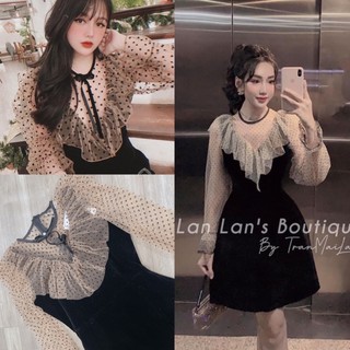 Bán sỉ váy nhung phối lưới chấm bi sll