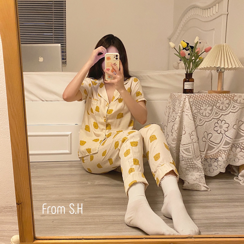 Bộ đồ ngủ mặc nhà, Pyjama nữ tay cộc, quần dài, cổ sơmi, chất liệu đũi tơ thái, họa tiết siêu xinh