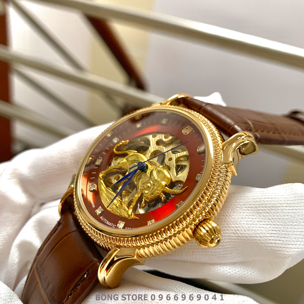 Đồng Hồ Cơ Nam Automatic Lộ Máy Dây Da Cao Cấp, Mặt Tròn Hình Trâu Vàng Kim Xanh Thể Hiện Sự Sang Trọng Phú Quý