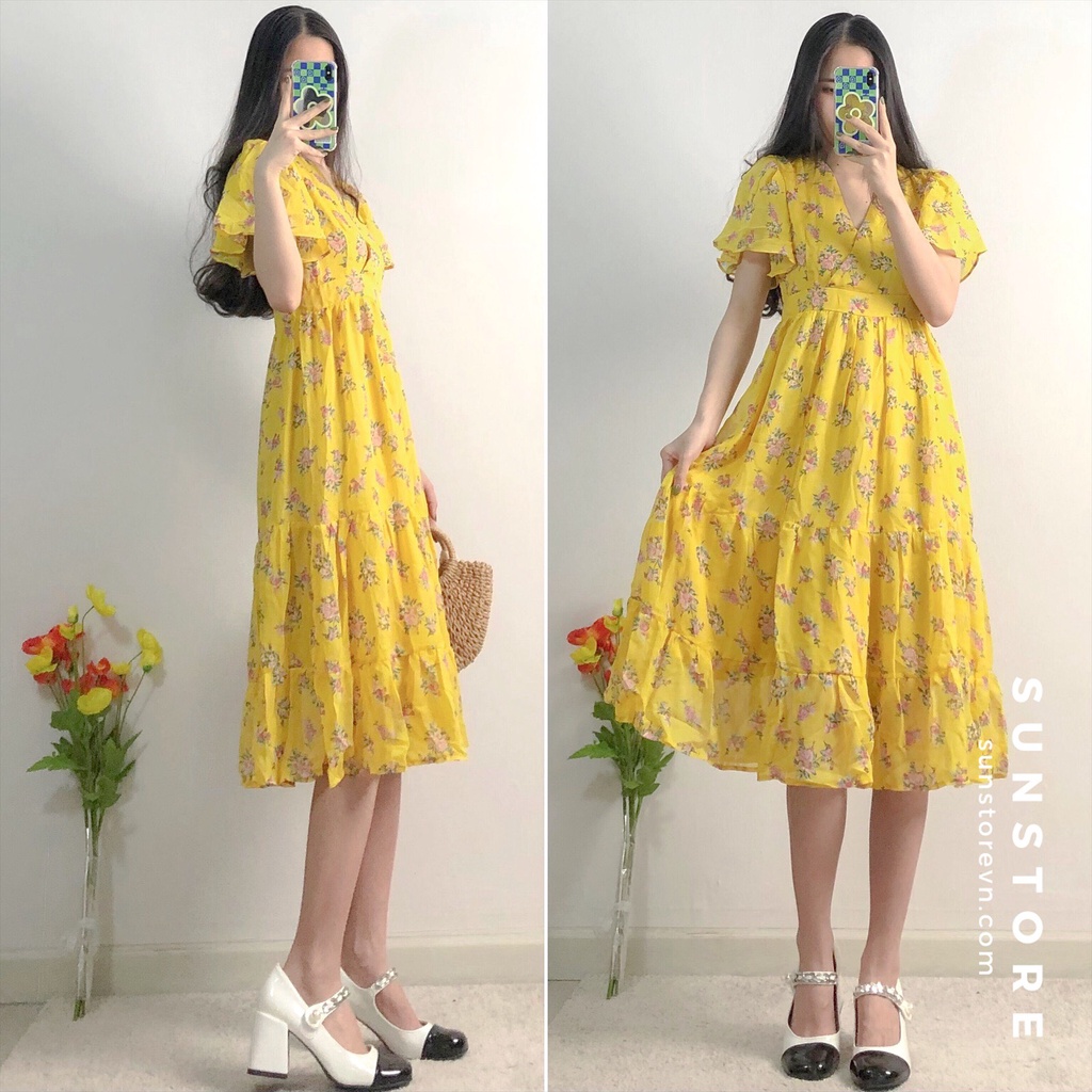 Đầm hoa nhí dáng dài midi váy xoè vintage tay ngắn bo chun eo 2 màu vàng trắng