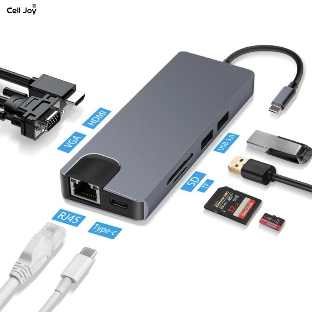 Hub chuyển đổi Type-C cho Macbook Air/Pro/iPad/Surface, điện thoại USB-C 8in1 adapter to VGA/ HDMI/ USB 3.0/ LAN/ SD/TF