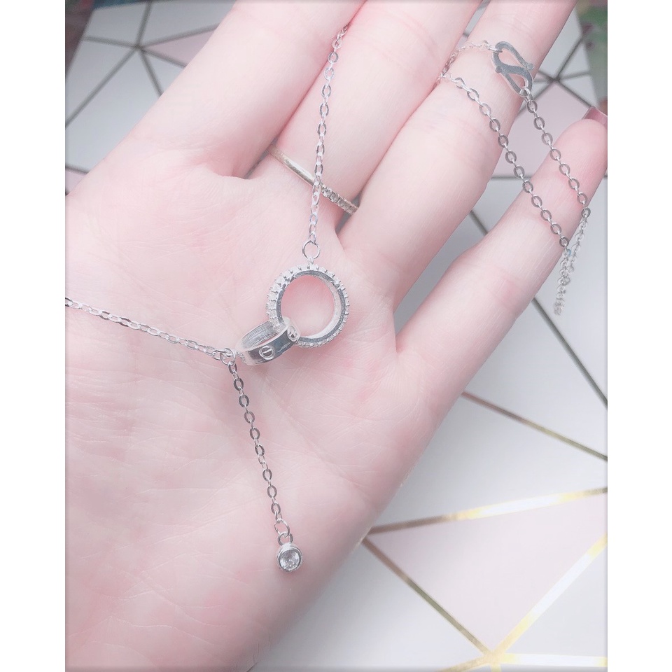 Dây chuyền bạc nữ Evasilver mặt nhẫn đính đá lồng hình tròn, Vòng cổ chất liệu bạc ta, ảnh thật