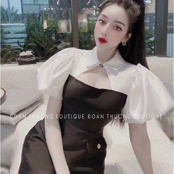 Đầm tiểu thư tay phồng ĐEN TRẮNG
