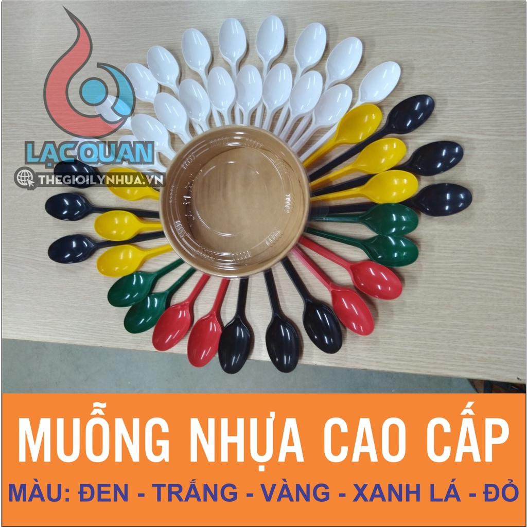 Bịch 50 muỗng nhựa cao cấp, thìa nhựa dùng một lần màu xanh lá, đen, trắng, vàng, đỏ