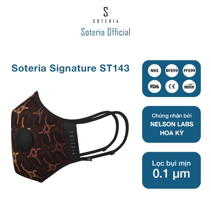 Khẩu trang tiêu chuẩn Quốc Tế SOTERIA Signature ST143 - Bộ lọc N95 BFE PFE 99 lọc đến 99% bụi mịn 0.1 micro- Size S,M,L