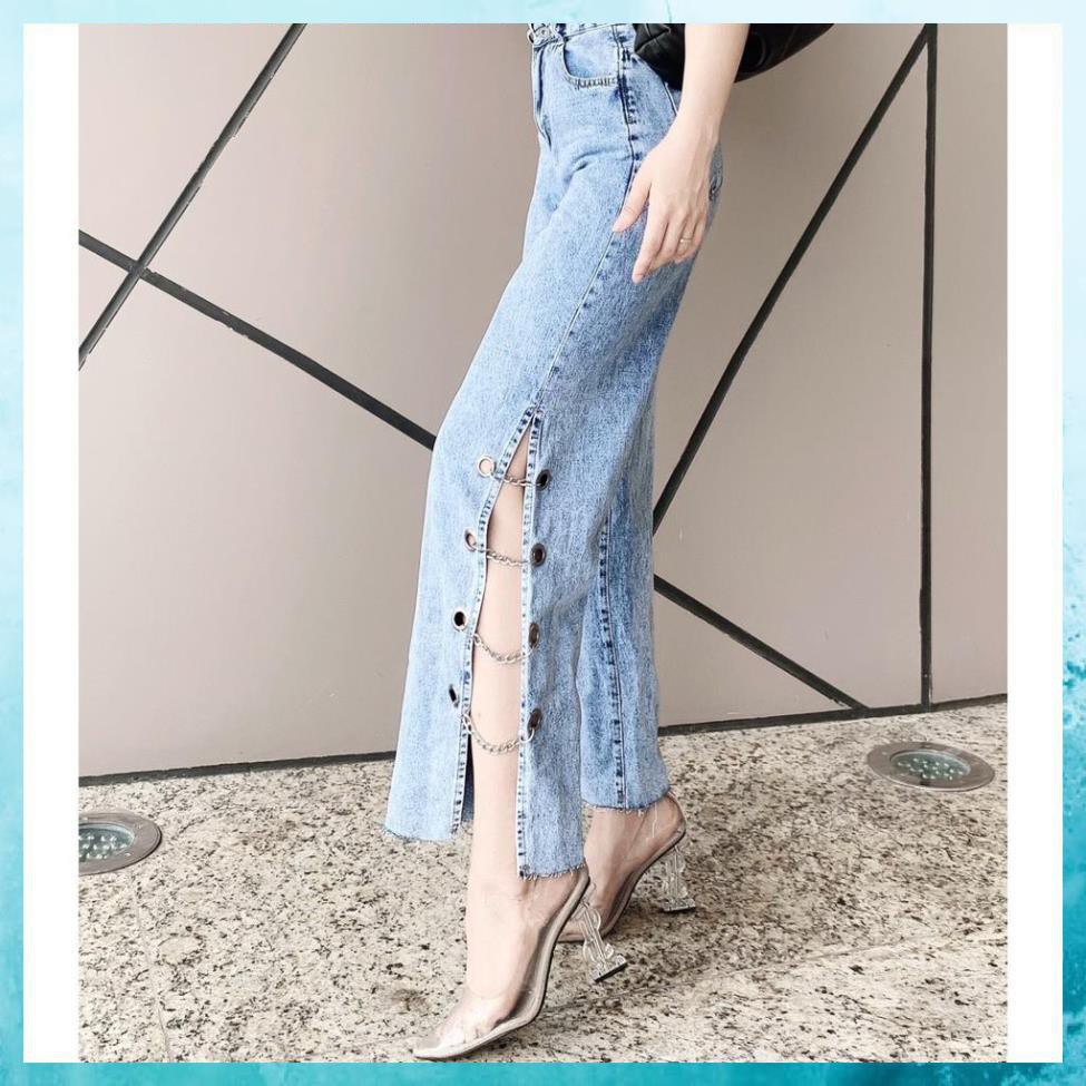 [TH Jeans] Quần jeans dài dáng suông, quần bò nữ lưng cao túi chéo ống xẻ phối xích 2 bên. Mã D0170