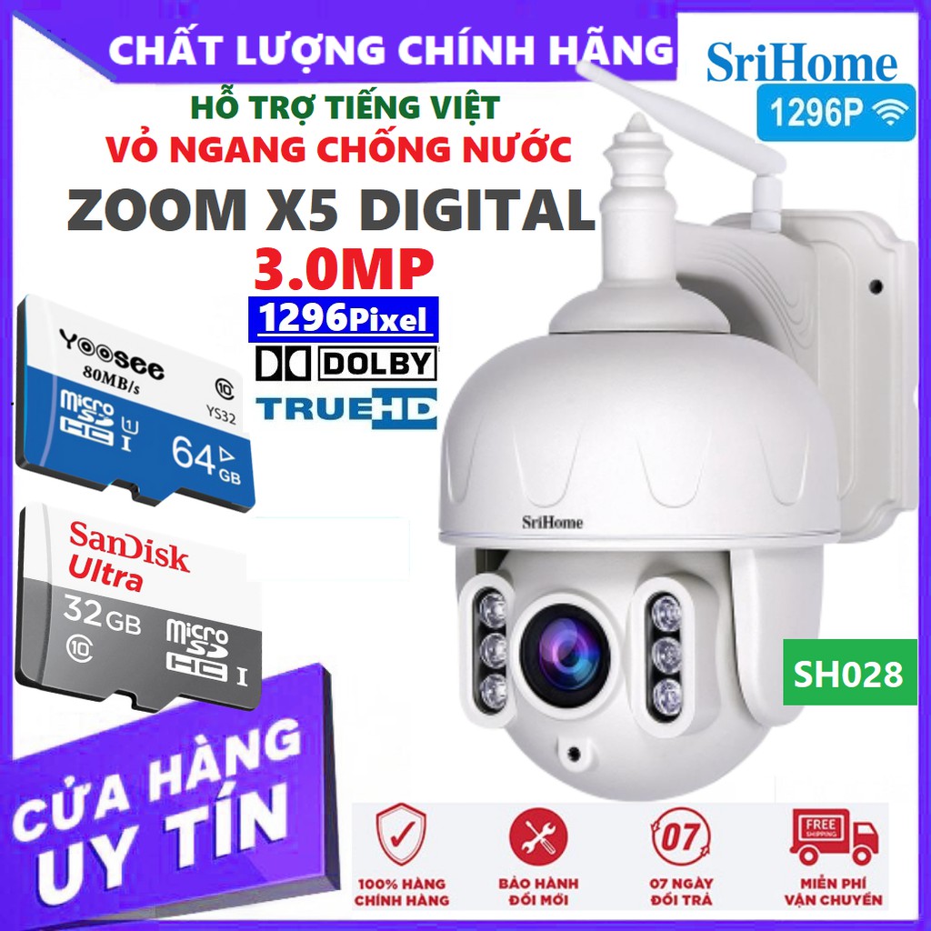 [Mã ELMS5 giảm 7% đơn 300K] Camera Srihome SH028 3.0 MP 1296 Pixel - Tiếng Việt - Ngoài Trời Chống Nước - BH 24 Tháng