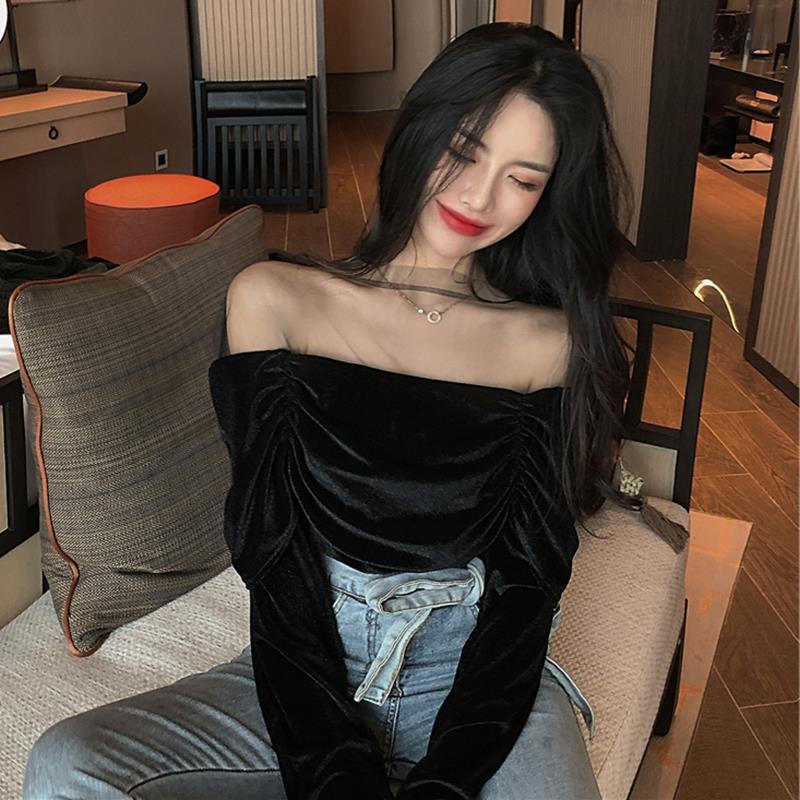 Áo Kiểu Trễ Vai Phối Lưới Thời Trang Xuân Thu Quyến Rũ Cho Nữ