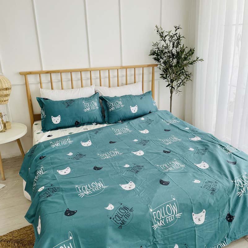 Bộ chăn ga gối cotton poly Lidaco decor phòng ngủ vintage - Mèo xanh