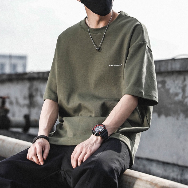 Áo Thun Cotton Ngắn Tay Cổ Tròn Dáng Rộng Thời Trang Retro Hongkong Dành Cho Nam