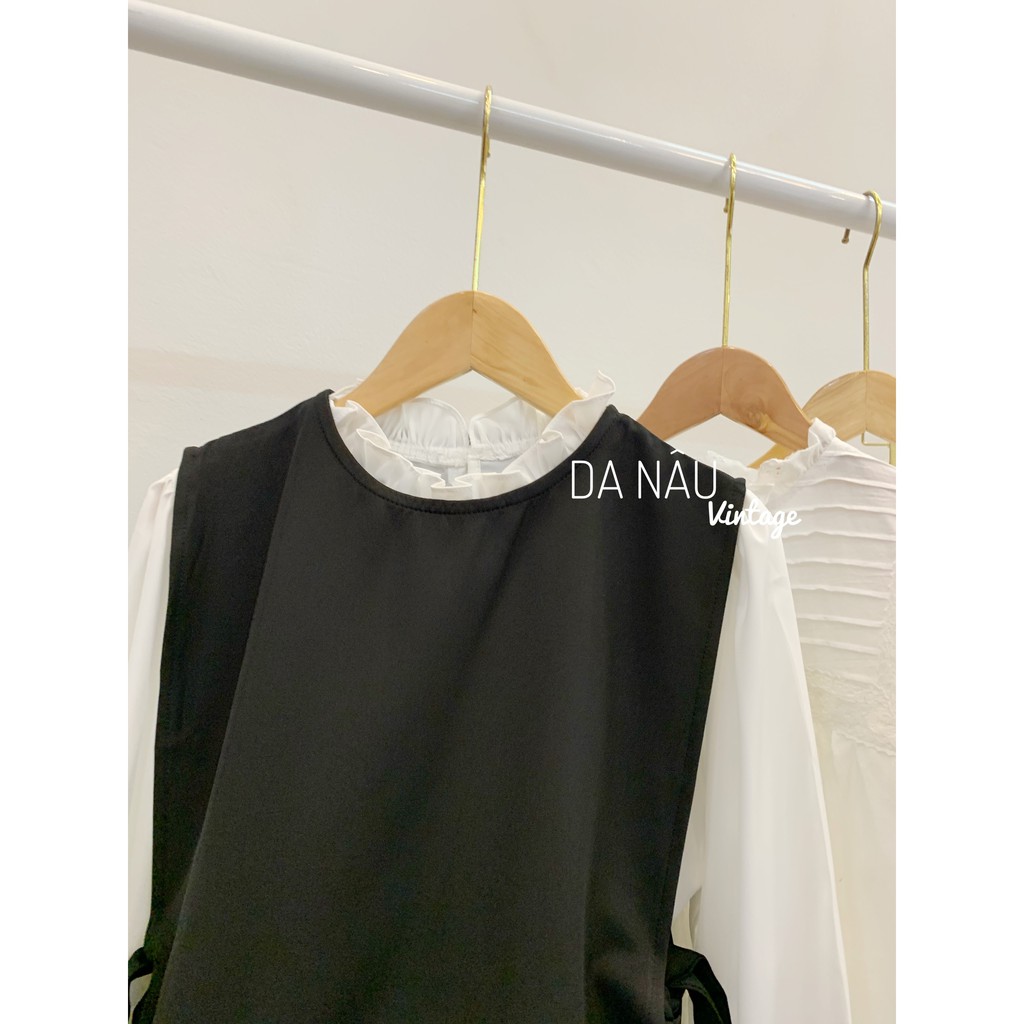 set váy voan trắng tay bồng kèm gile đen buộc nơ xinh xắn (ảnh thật/hàng sẵn)