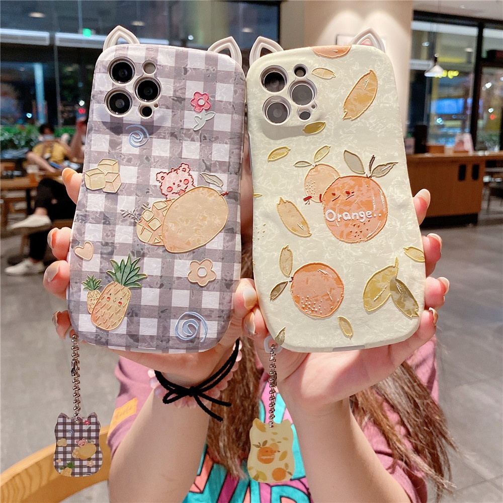 Ốp Điện Thoại Da + Tpu Mềm Hình Tai Mèo / Trái Cam 3d Cho Iphone 11 12 Pro Max 12pro X Xs Max Xr 7 8 Plus