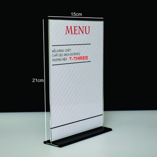 MICA ĐỂ BÀN A5 CHỮ T, KIỂU ĐỨNG, CHÂN ĐẾ LÙA DẠNG UỐN KT: 21X15CM