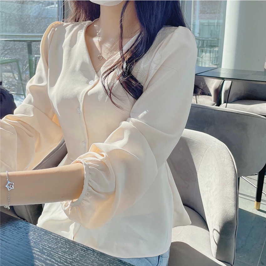 SUXI Áo Sơ Mi Tay Phồng Dài Cổ Chữ V Màu Sắc Trơn Phong Cách Vintage Hàn Quốc Cho Nữ