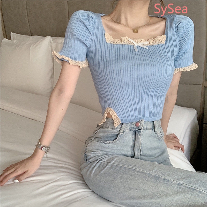 Áo nữ tay ngắn phối ren phong cách thời trang mùa hè dành cho nữ