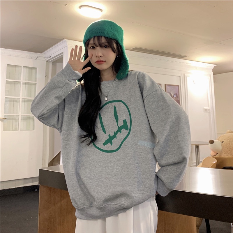 Áo Nỉ Nữ Dài Tay Cổ Tròn In Hình Hoạt Hình Thời Trang Hàn