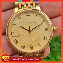 Đồng hồ cặp đôi nam nữ Baishuns mặt vàng họa tiết rồng bay phượng múa dây xích kim loại mạ vàng