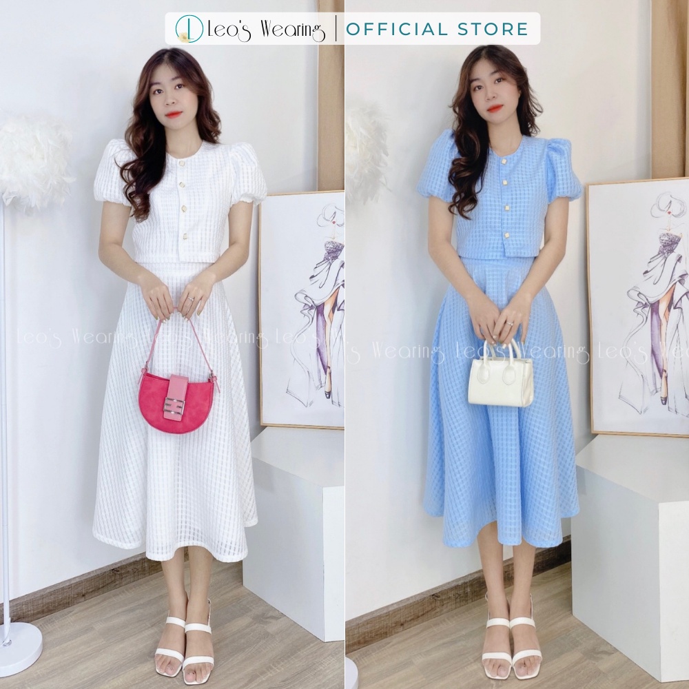 Set chân váy xòe dài cạp cao mix áo sơ mi croptop ngắn tay vai bồng LEOSWEARING L233 L234