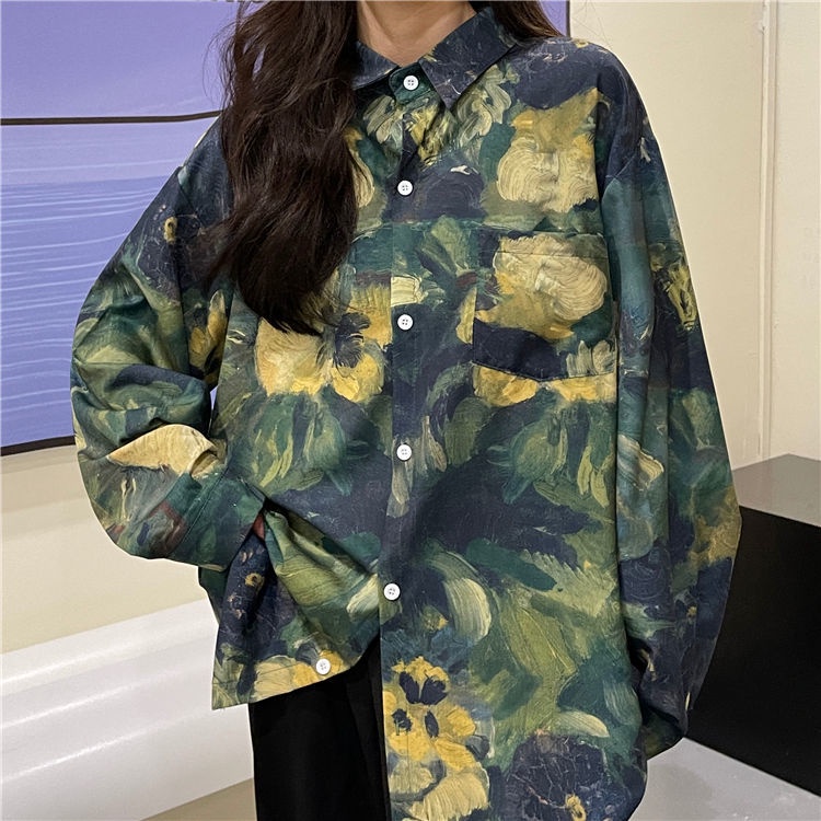 Áo Sơ Mi Dáng Rộng In Họa Tiết Màu Xanh Lá Phong Cách Mới Cho Nữ