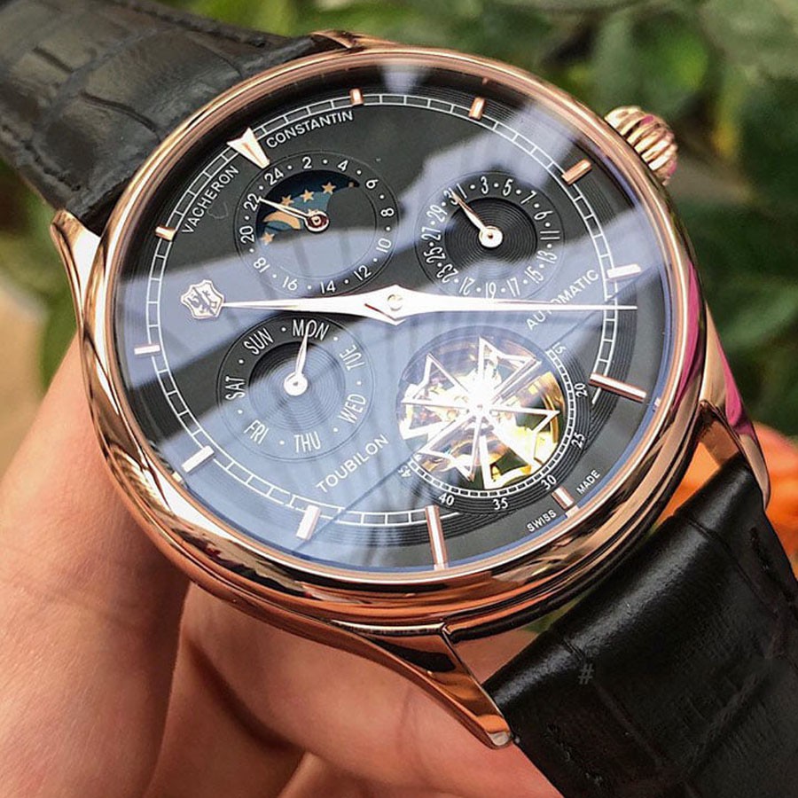 Đồng hồ Nam đồng hồ cơ máy nhật, mẫu 5 kim lộ cơ cánh khế mặt đen viền vàng size 40mm