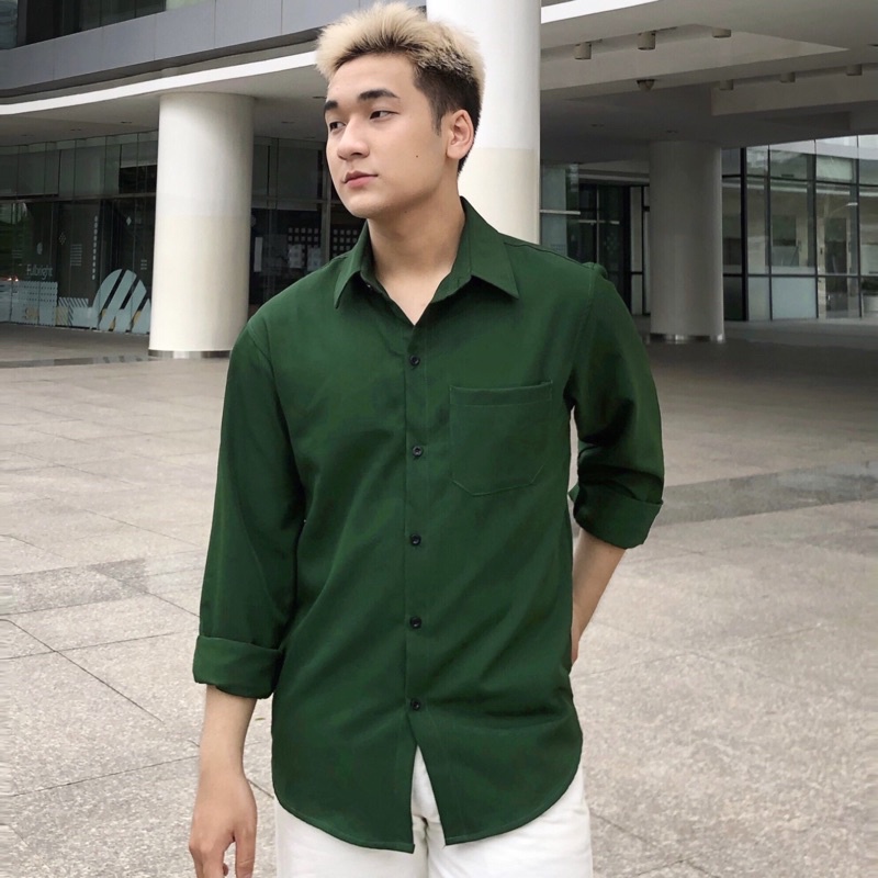 Áo Sơ Mi Tay Dài Unisex Xanh Lá Đậm Tối Hot Trend Street Style Mr Smile 99 Shop