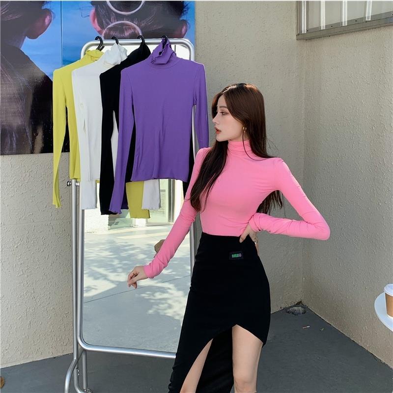 Áo thun COZOKC tay dài cổ cao màu trơn phong cách Hàn Quốc