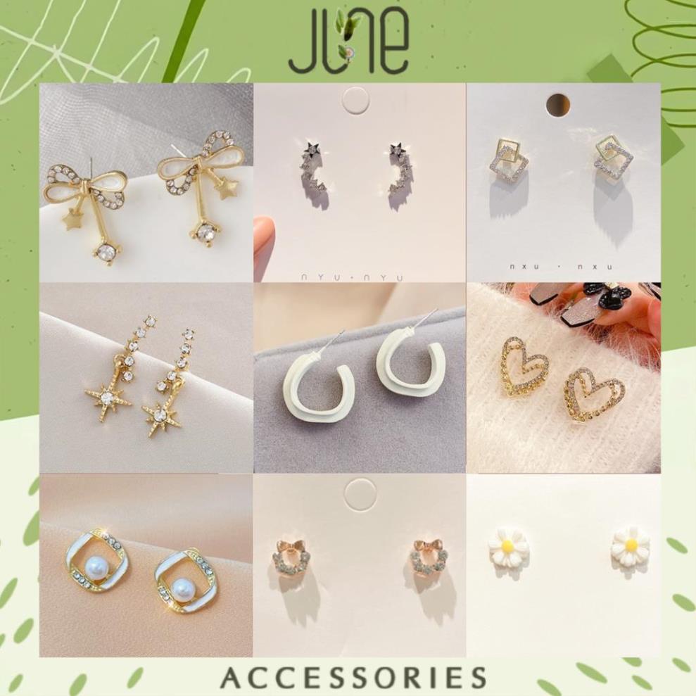 Bông tai đính đá Hoa tai Bạc S925 Khuyên không gây dị ứng da nhiều hình xinh xắn sang chảnh, June accessories