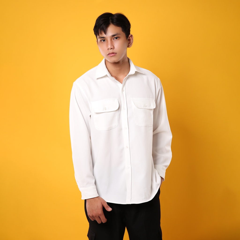 ÁO SƠ MI TÚI HỘP TAY DÀI TRẮNG ĐEN FORM RỘNG THOÁNG MÁT| GIRAN