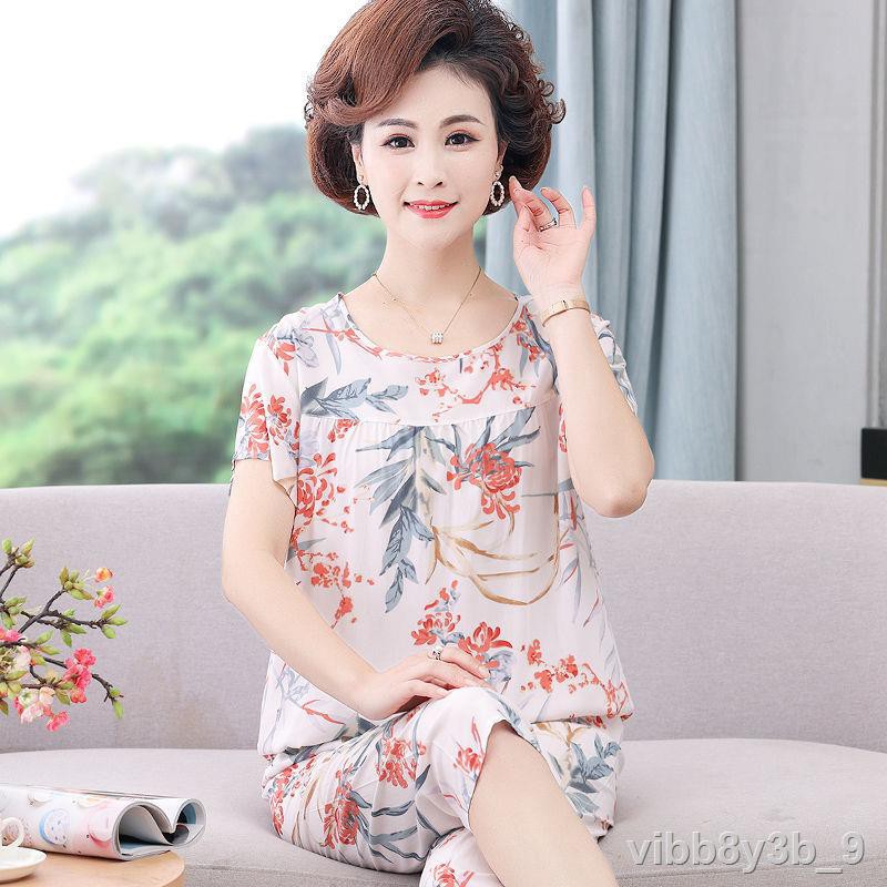 pyjamas nữ đồ ngủ cotton lụa phù hợp với người trung niên ngắn tay phục vụ tại nhà size lớn già có thể mặc bên ng