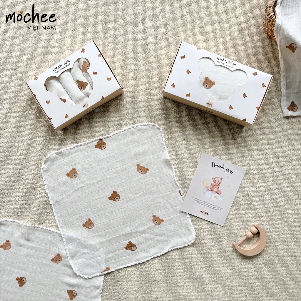 Set 6 khăn sữa sợi tre cho bé Mochee 30x30cm, khăn sữa gấu vải xô organic - Chính hãng