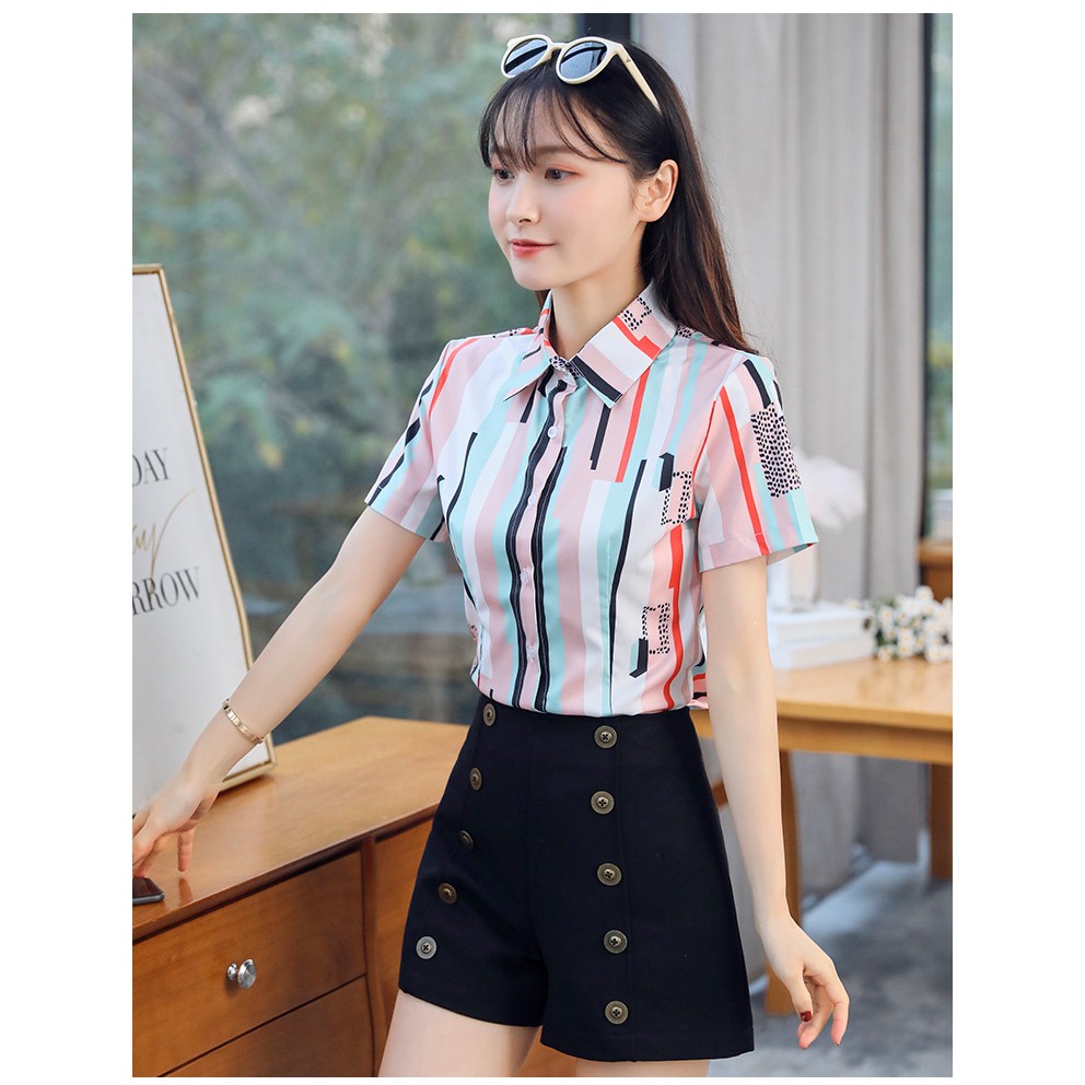 Áo sơ mi nữ ngắn tay họa tiết kẻ sọc phối màu siêu xinh Sm43