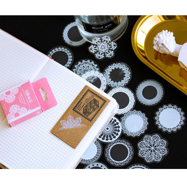 Hộp 50 sticker ren vintage/ hành tinh STI07, sticker trong suốt trang trí bullet journal, album