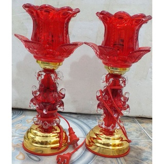 Đôi đèn thờ hoa sen thủy tinh đèn LED cao 30cm