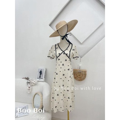 Váy hoa cổ v phối ren midi