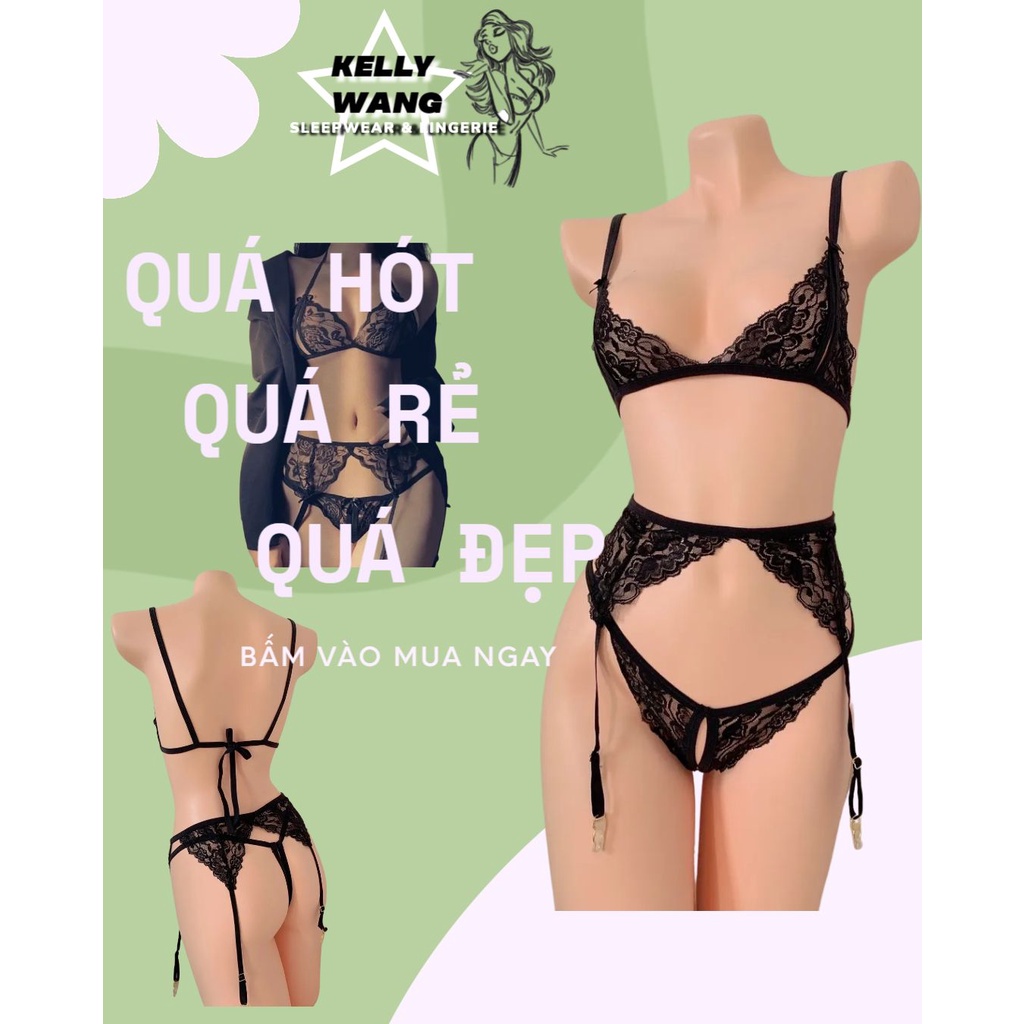 BK064 (NEW) Set đồ lót phối ren xuyên thấu với quần lót lọt khe phong cách quyến rũ dành cho nữ  - KELLY WANG