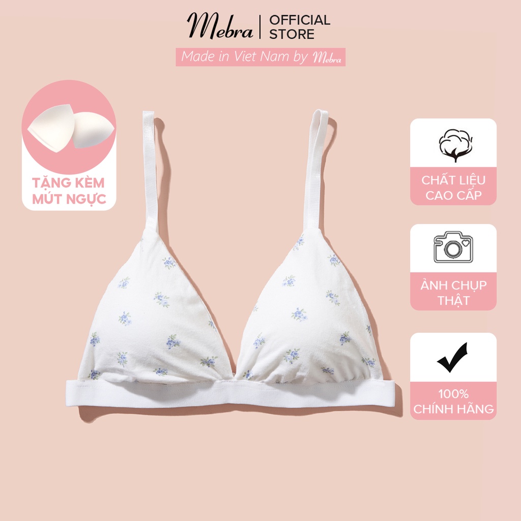 Áo bra cotton gân hoạ tiết bướm xanh và ghi 2 lớp không gọng không đệm có mút rời thoáng khí kháng khuẩn Mebra A040
