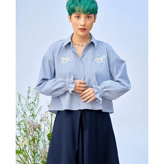 TheBlueTshirt - Áo Sơ Mi Nữ Sọc Tay Dài Thêu Họa Tiết