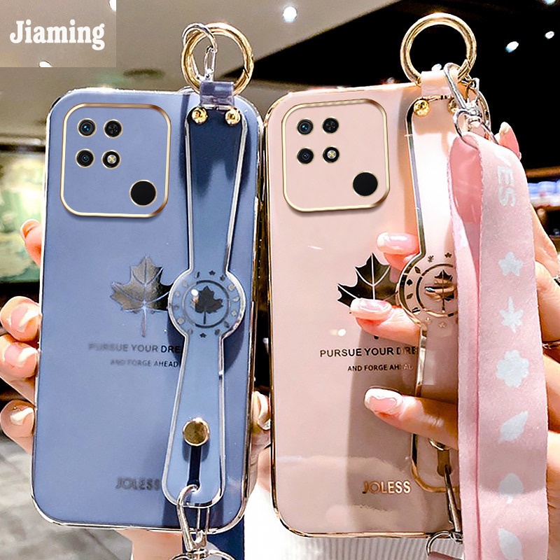 Ốp Điện Thoại Viền Lá Phong Mạ Điện Sang Trọng + Dây Đeo + Giá Đỡ Cho Xiaomi Redmi 10C