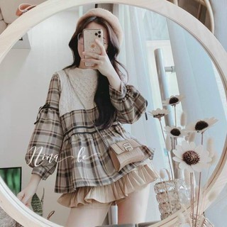 Áo Kiểu Nữ, Sơ Mi Kẻ Form Rộng Pha Len Dáng Áo Babydoll Phong Cách Trẻ Trung Năng Động Cho Bạn Nữ. 😘 *