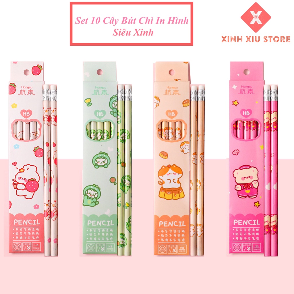 Set 10 Cây Bút Chì HB In Hình Siêu Xinh Kèm Đầu Tẩy (Nhiều Màu)