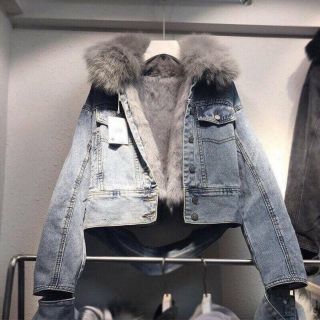 Áo khoác bò lót lông nữ - Denim dáng ngắn cổ lông (ảnh thật)